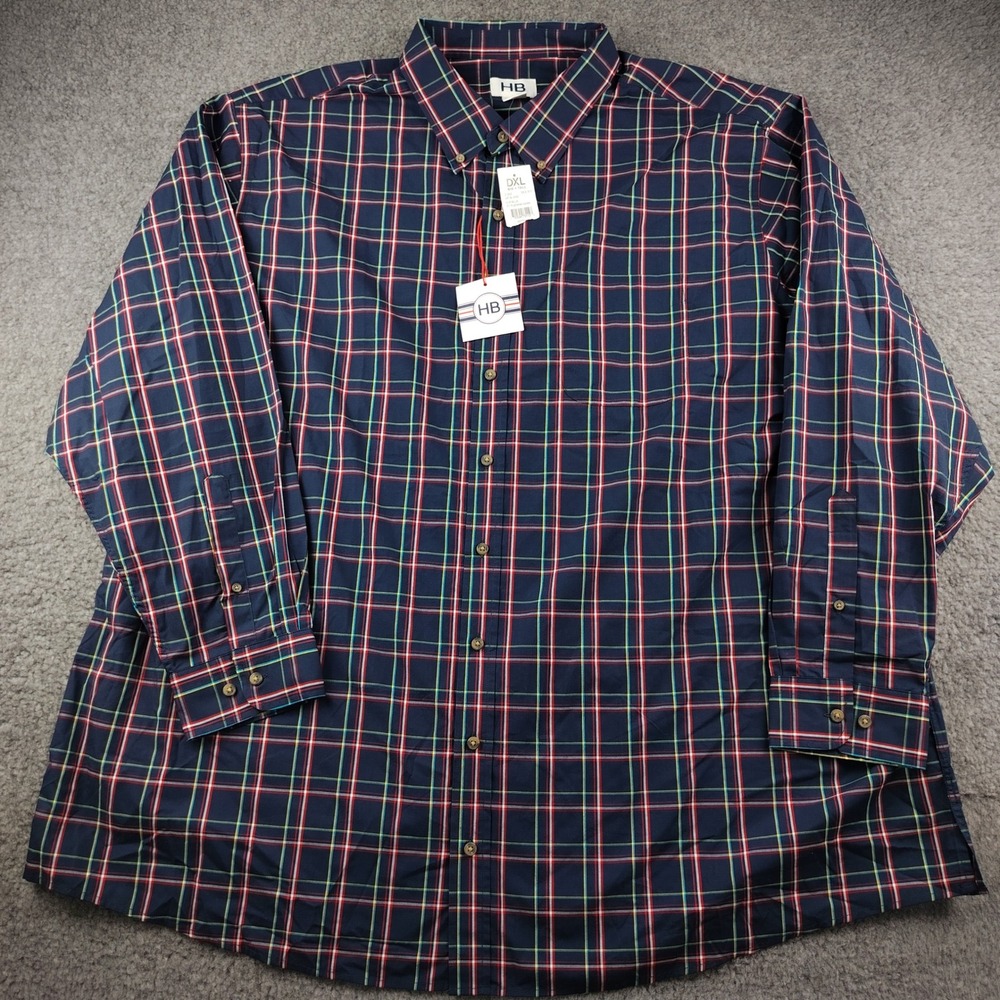 HB Harbor Bay Button Down Mens 3XLT Easy-Care Plaid Navy Blue Long Sleeve NWT